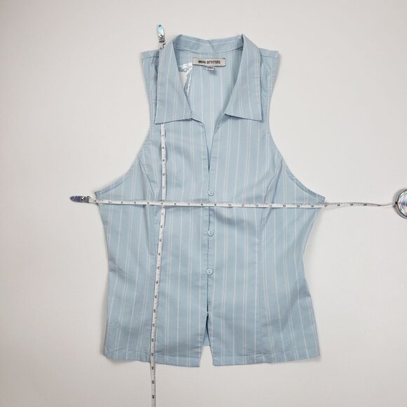 UO Party Girl Cotton-Blend Button Down Sleeveless Shirt Women Medium Blue Stripe - Picture 5 of 16